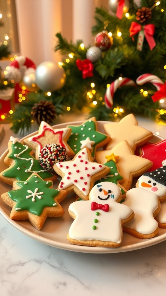 A plate of decorated Christmas cookies in festive shapes with colorful icing and sprinkles.